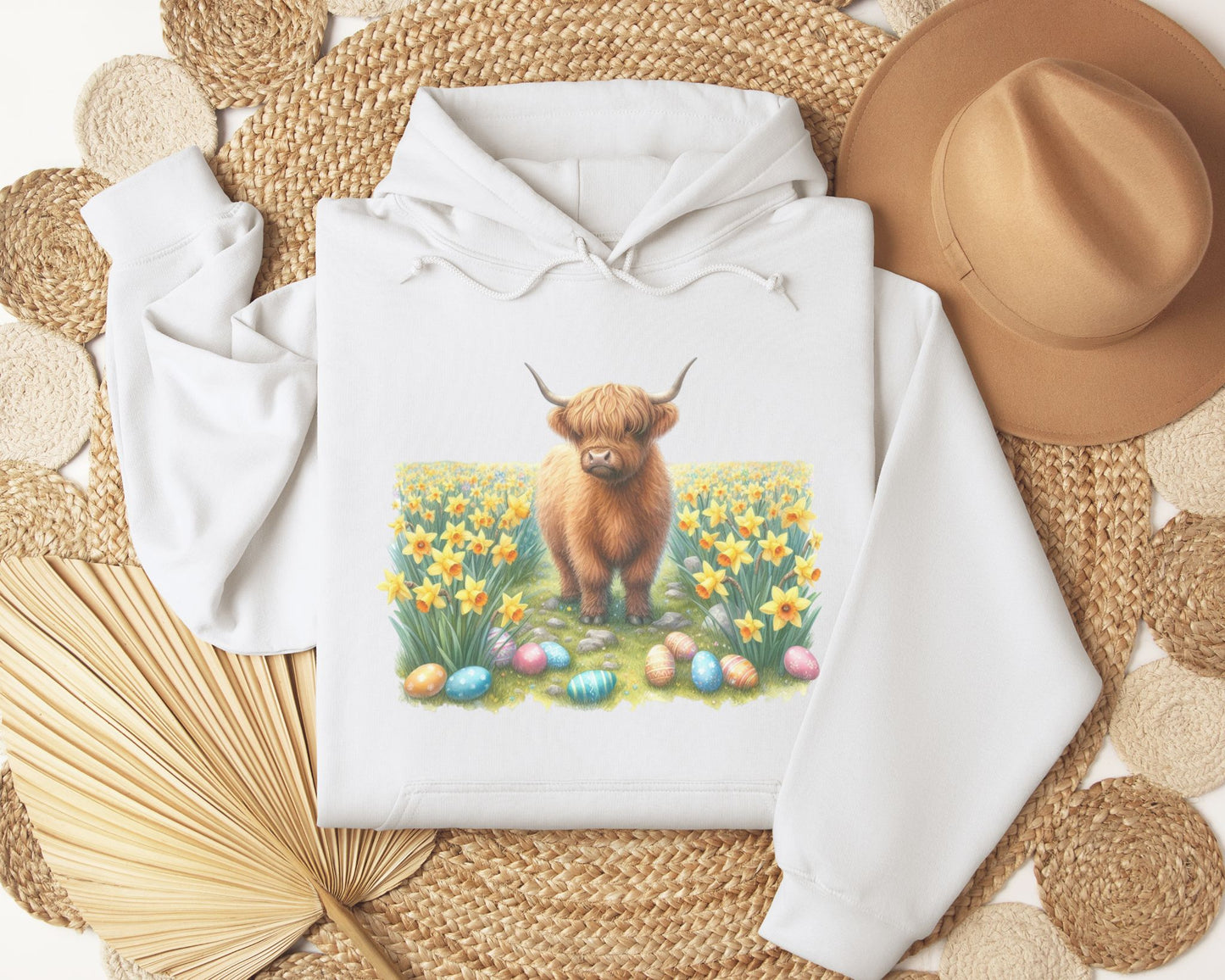 Easter Highland cow in field