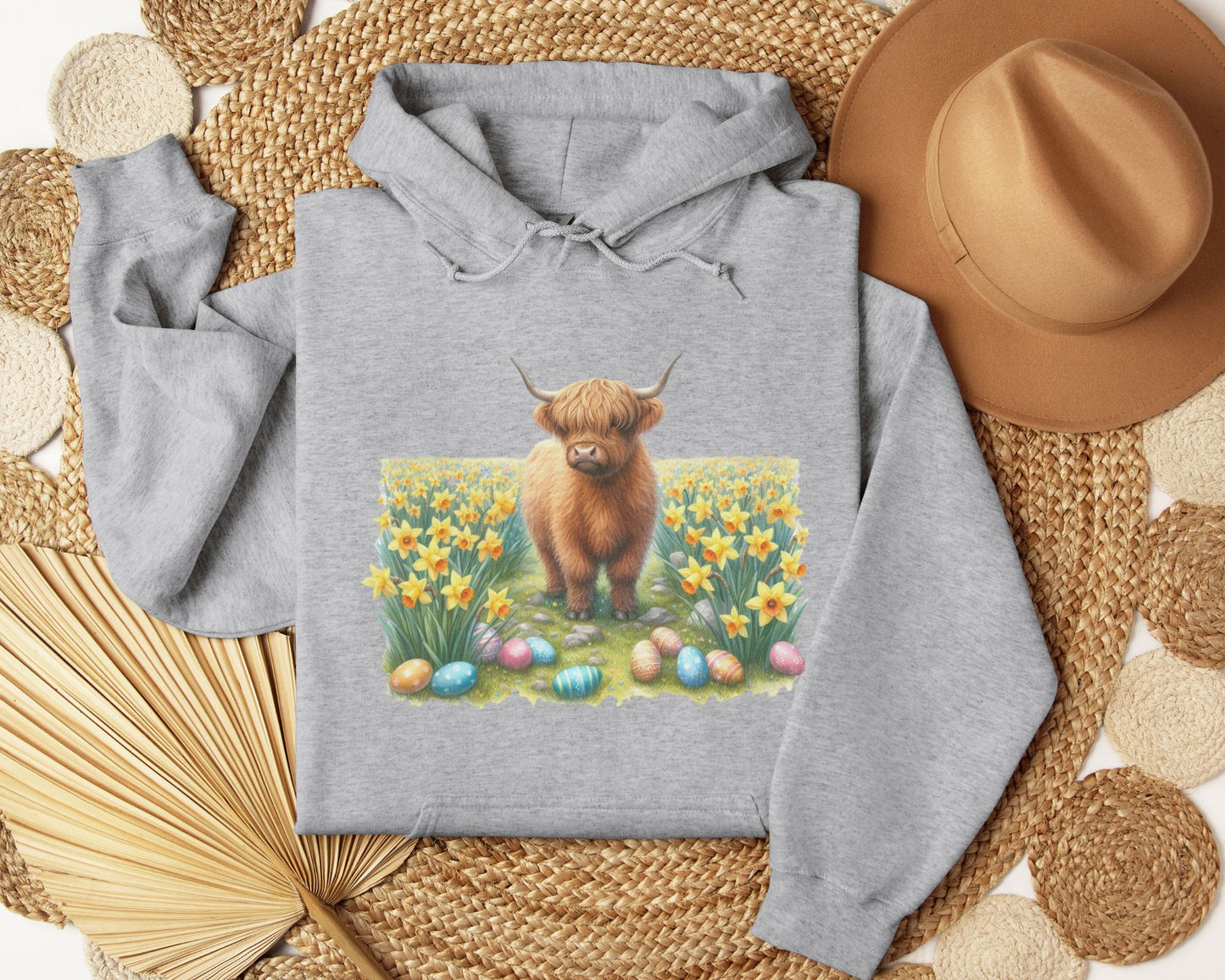 Easter Highland cow in field