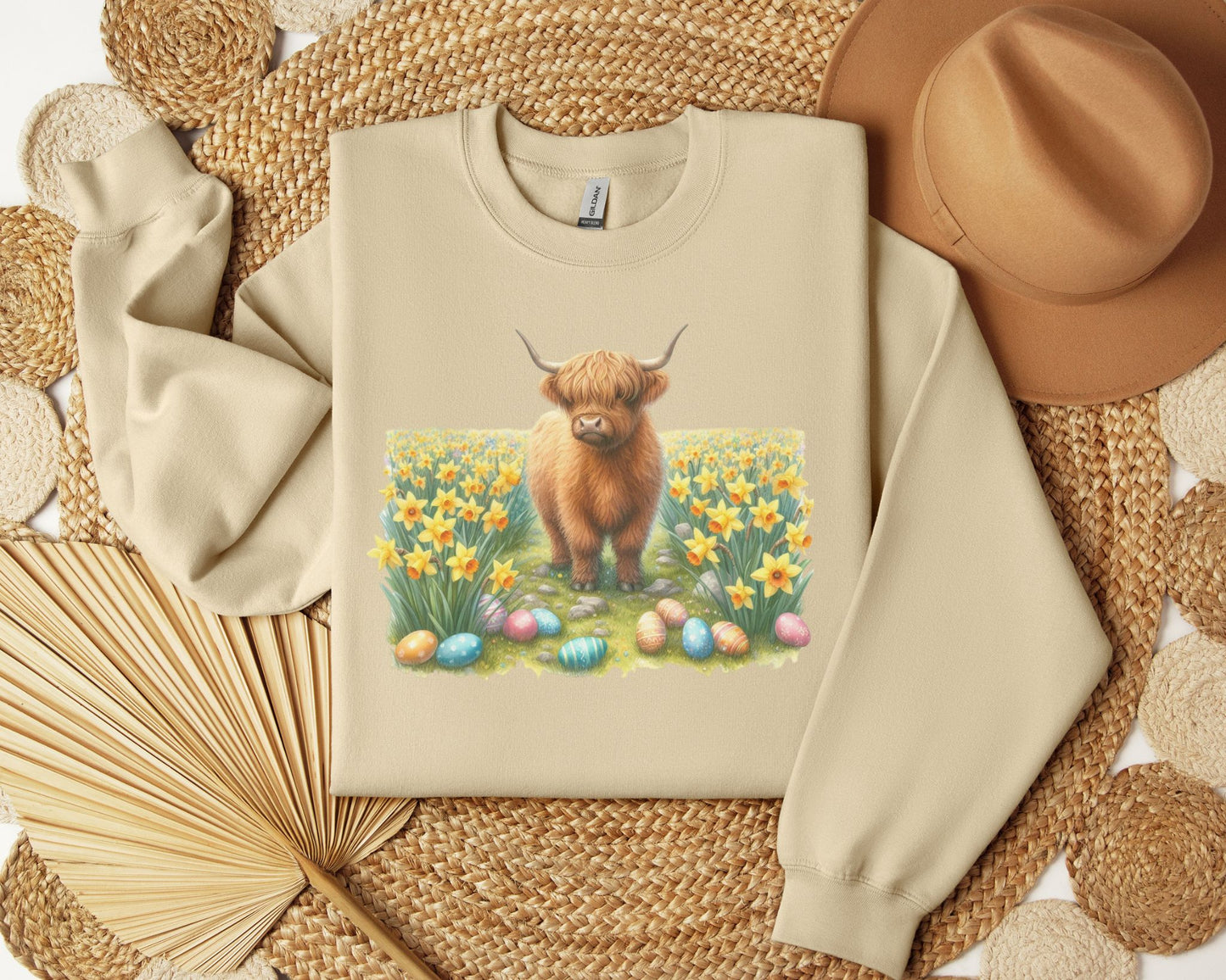 Easter Highland cow in field